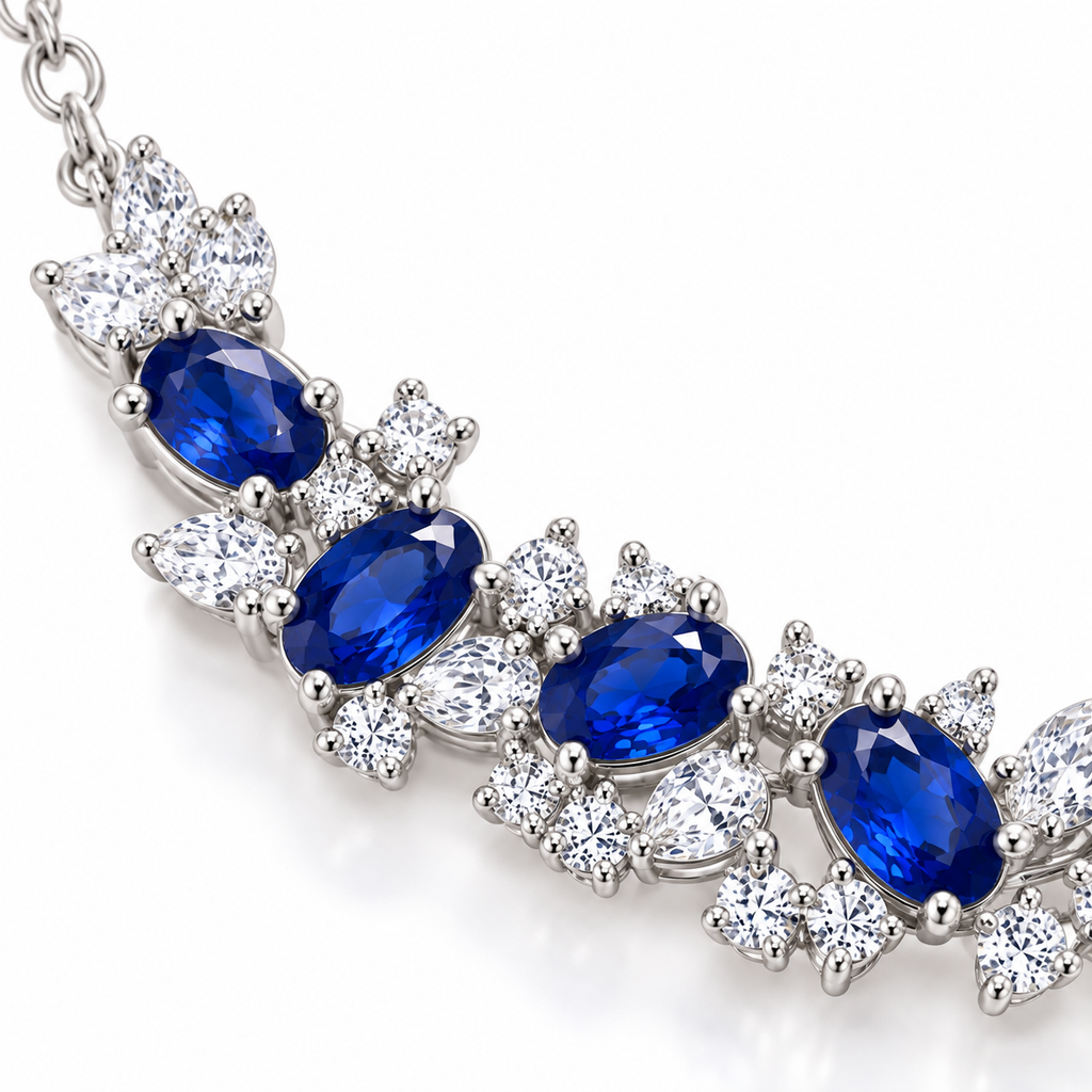 Macro view of 3x5mm natural blue sapphire gemstones with high-quality cubic zirconia accents
