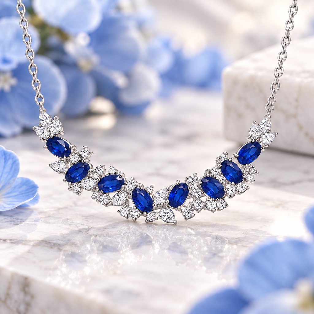 3x5mm natural sapphire necklace styled on a jewelry marble display with soft blue flowers