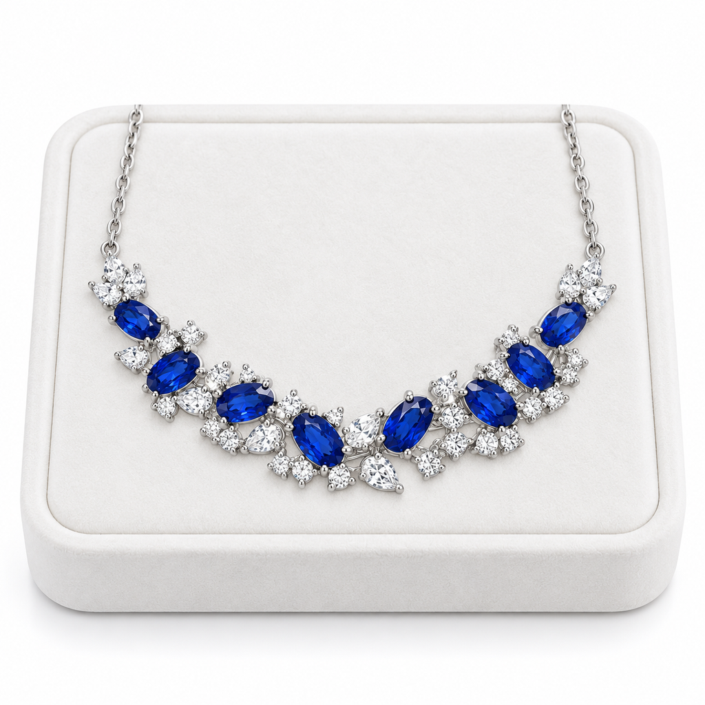 3x5mm natural sapphire necklace displayed on a white velvet jewelry tray