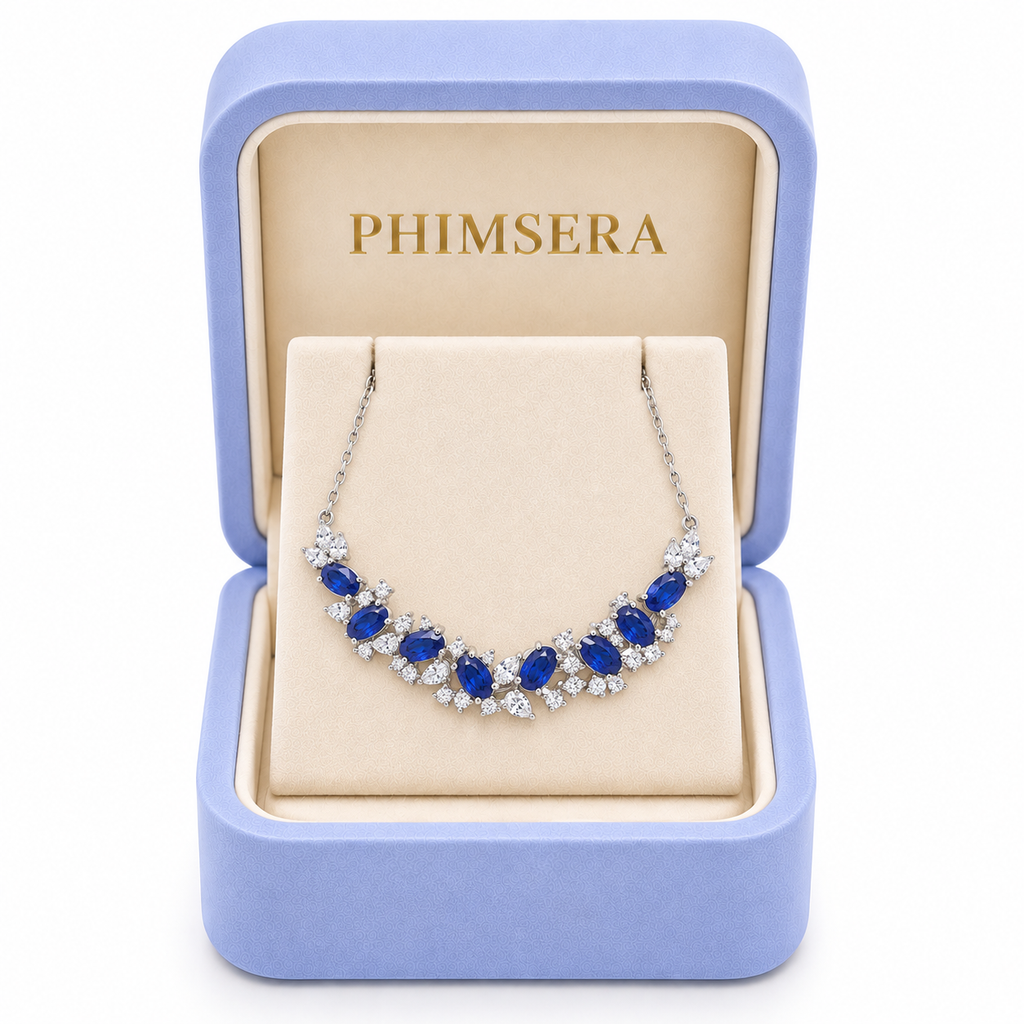 3x5mm natural sapphire necklace presented in a Phimsera jewelry gift box