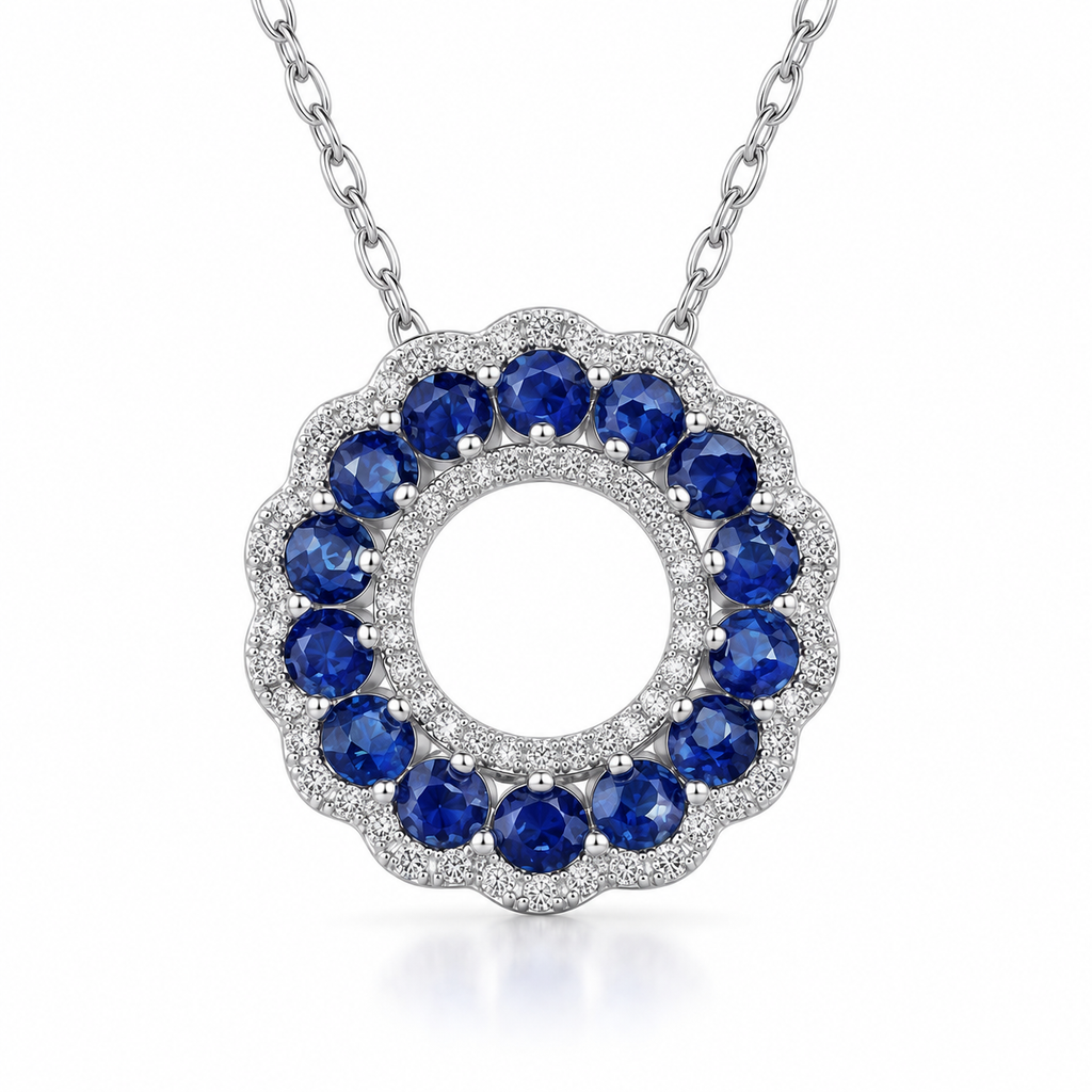3mm natural sapphire necklace with blue round gemstones in a circular halo pendant