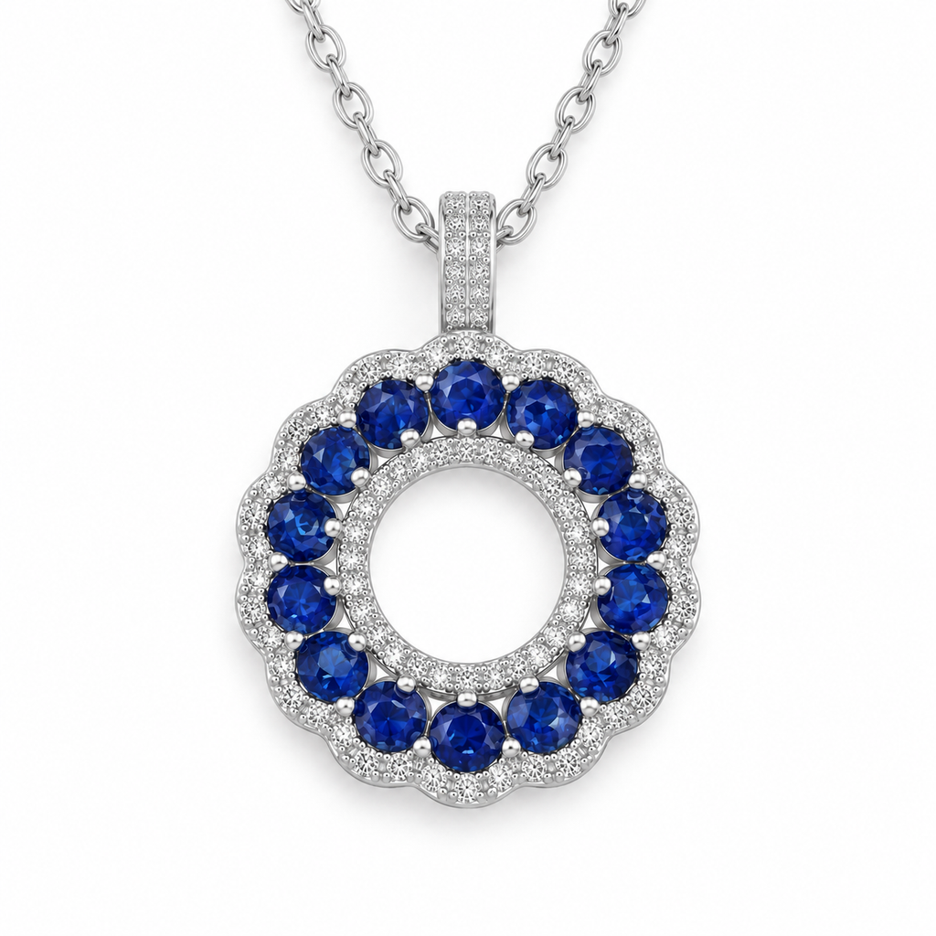 Top-down view of 3mm natural sapphire pendant necklace with blue round gemstones