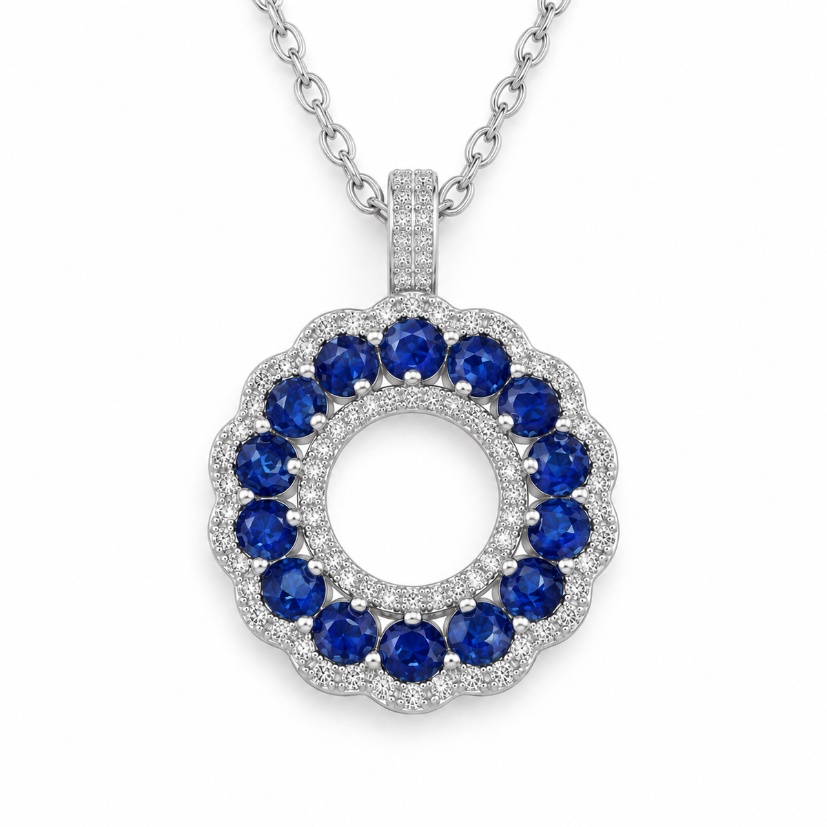 Top-down view of 3mm natural sapphire pendant necklace with blue round gemstones