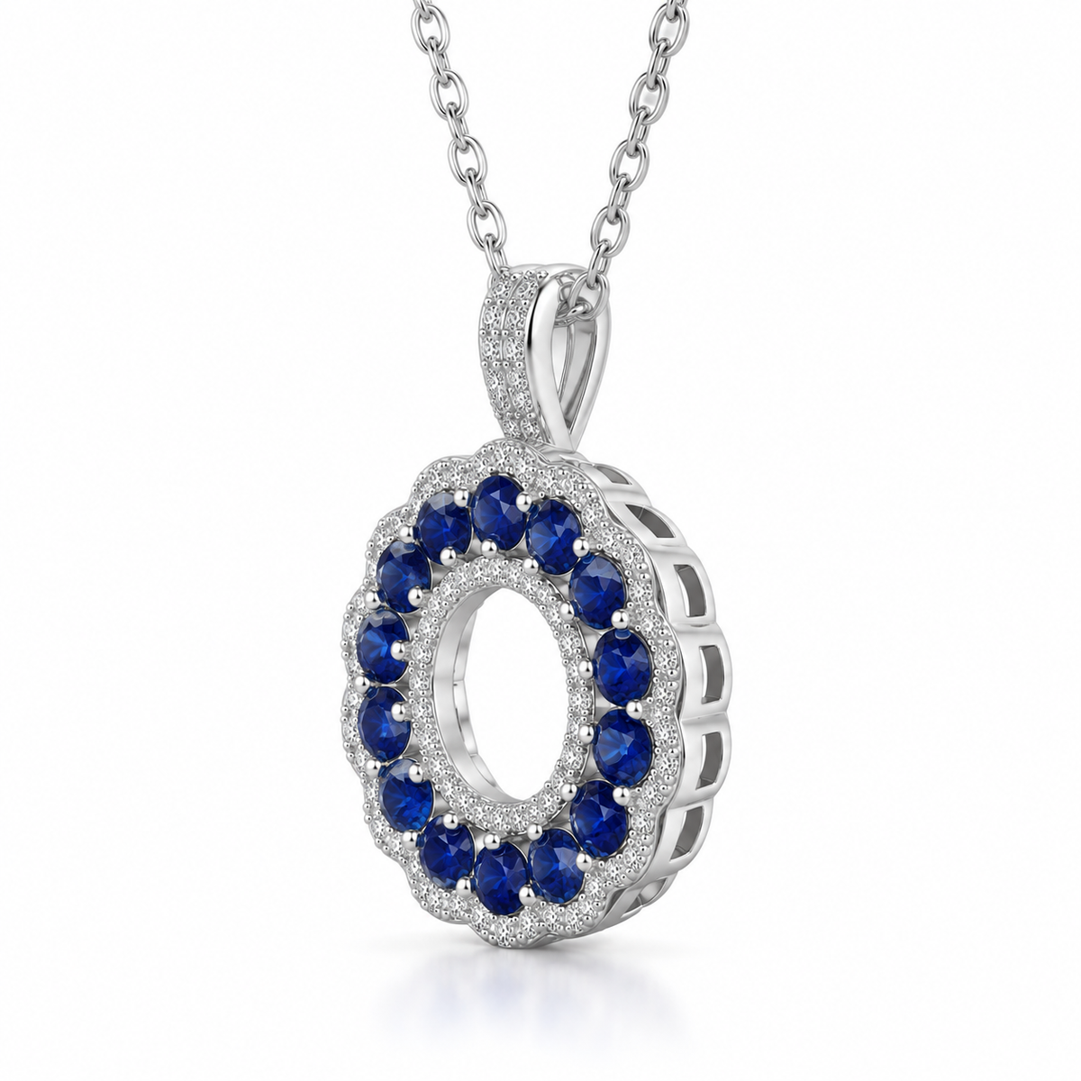 Side angle of 3mm natural sapphire necklace showing circular pendant and silver setting
