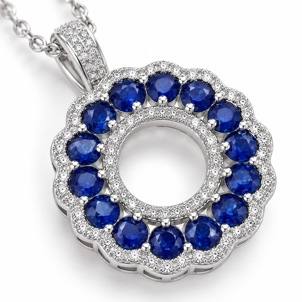 Macro view of 3mm natural sapphire gemstones and detailed circular pendant setting