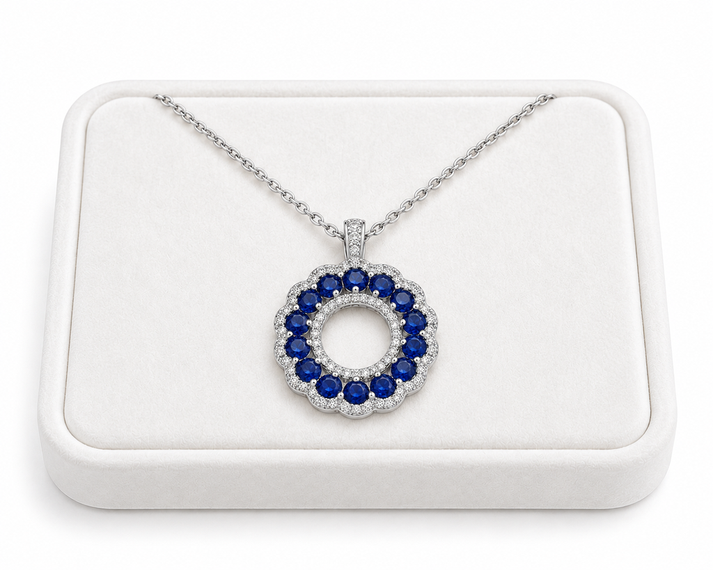 3mm natural sapphire necklace displayed on a white velvet jewelry tray