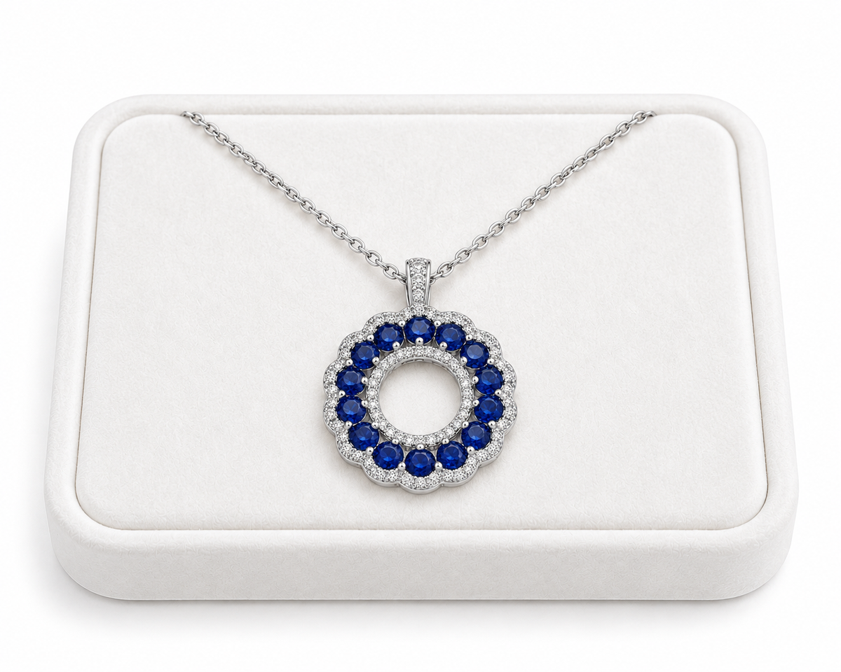 3mm natural sapphire necklace displayed on a white velvet jewelry tray