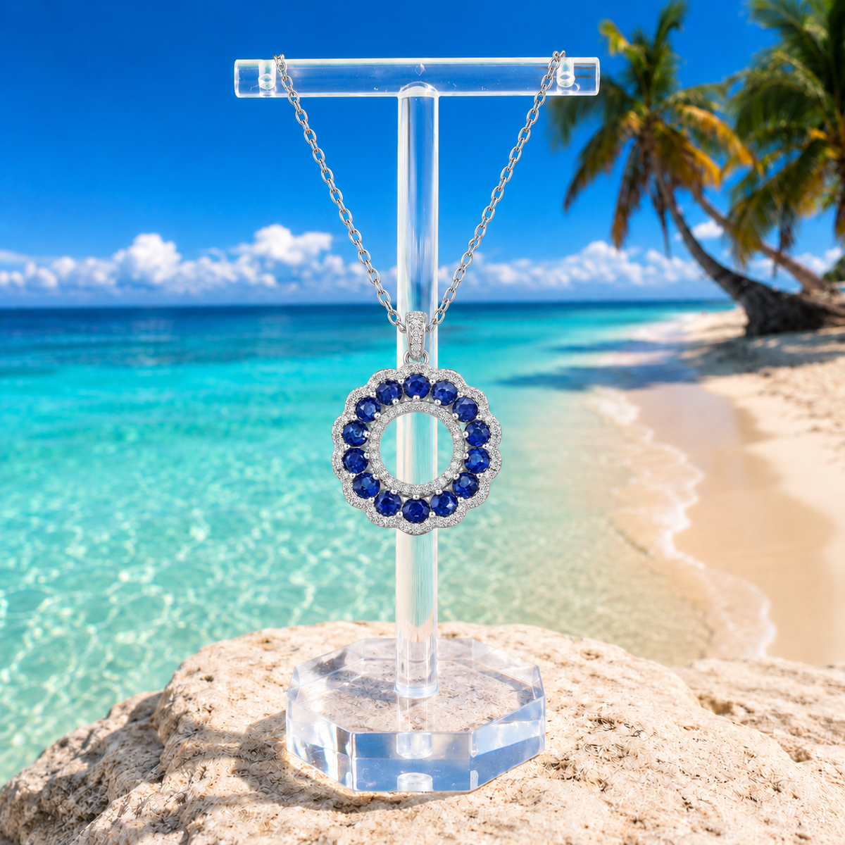 Natural sapphire necklace displayed on a clear jewelry stand against a tropical beach