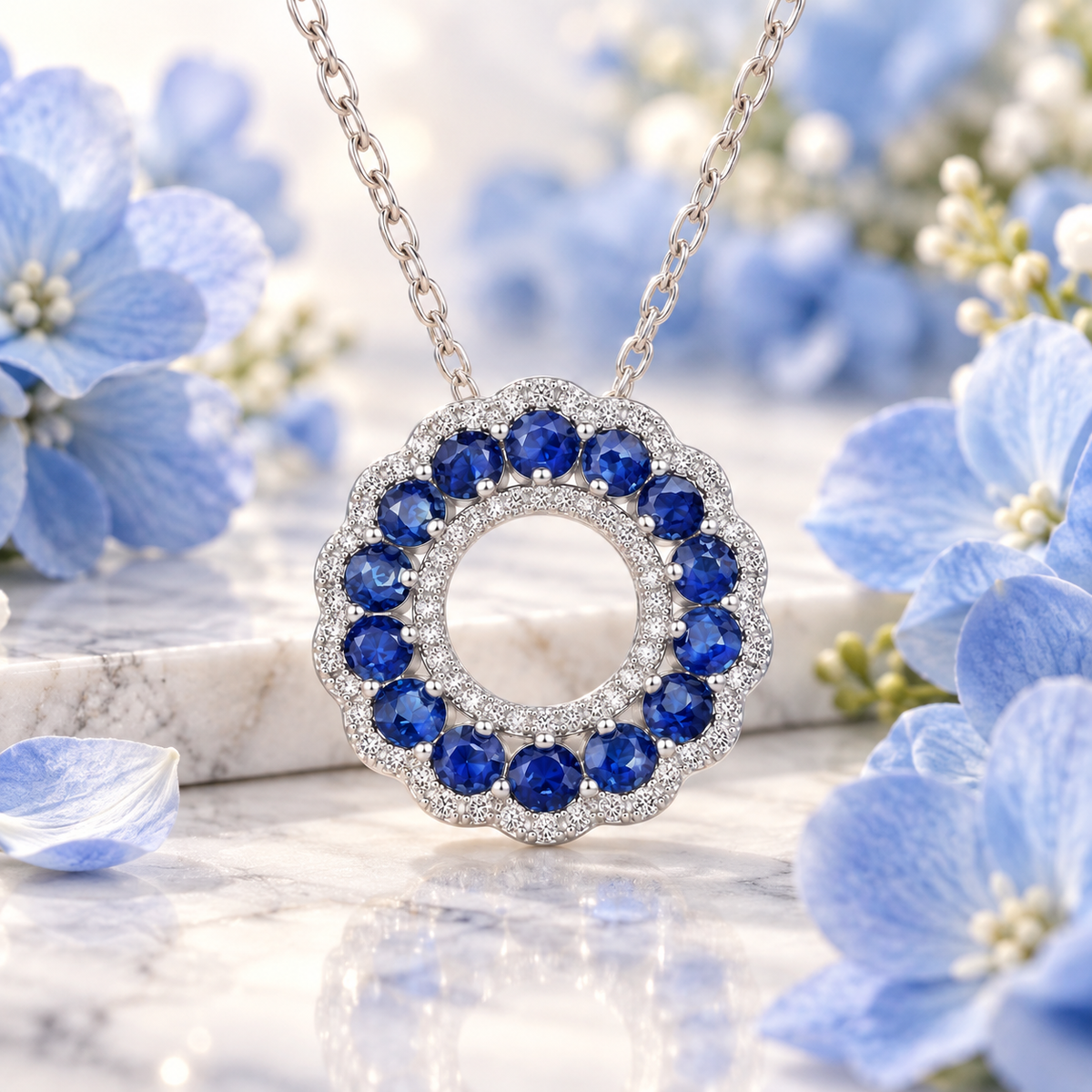 3mm natural sapphire necklace styled with soft blue flowers and petals on pale marble