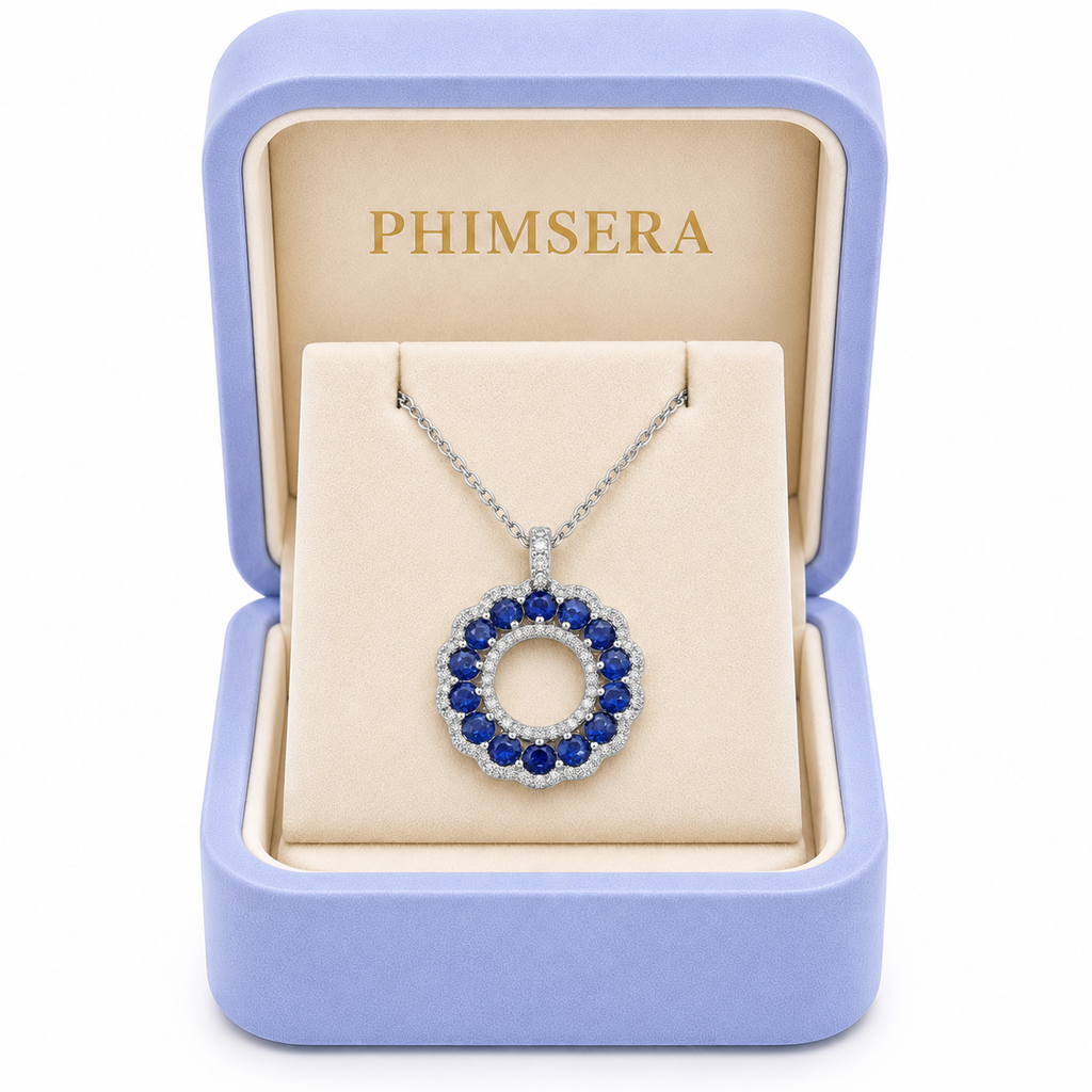 3mm natural sapphire necklace presented in a Phimsera jewelry gift box