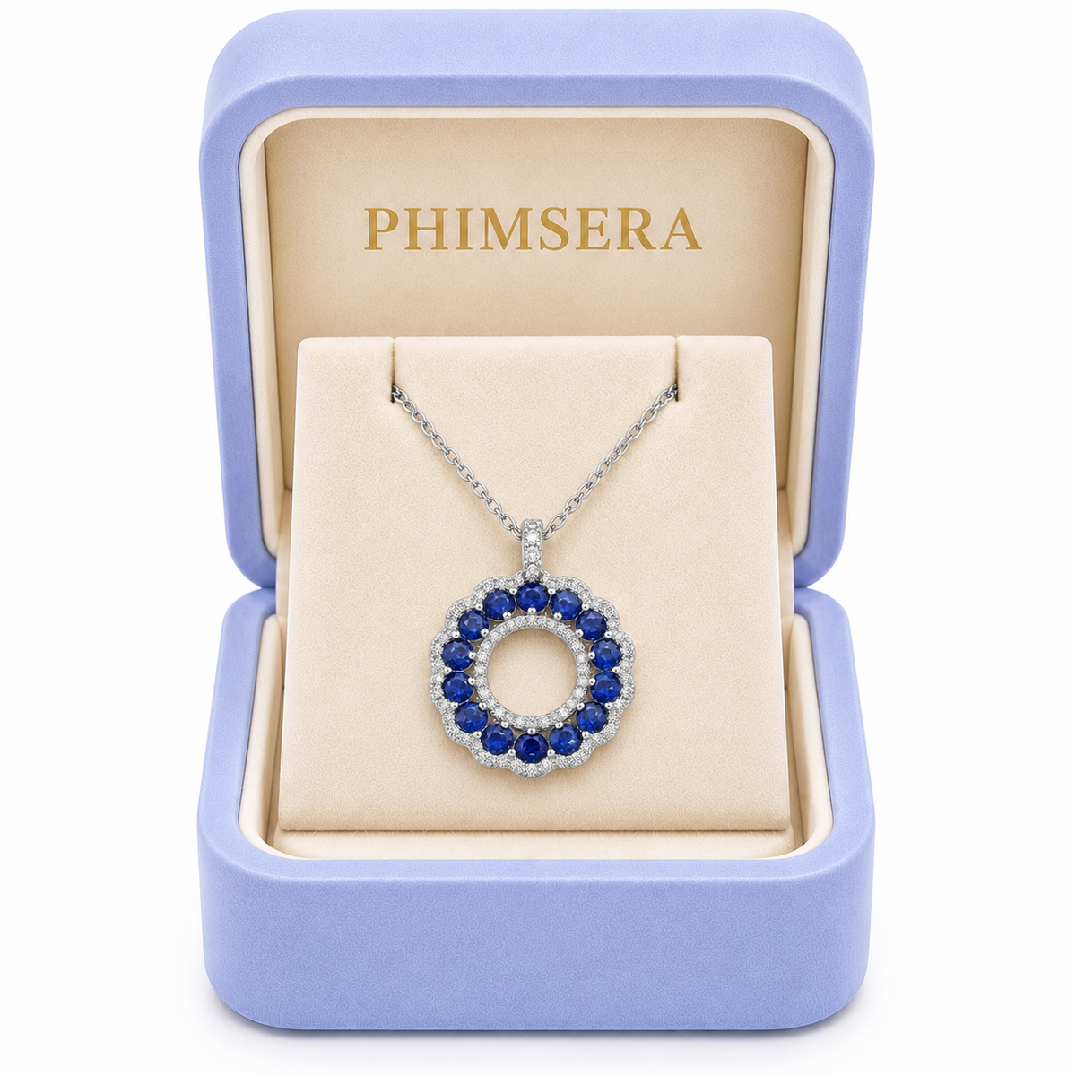 3mm natural sapphire necklace presented in a Phimsera jewelry gift box