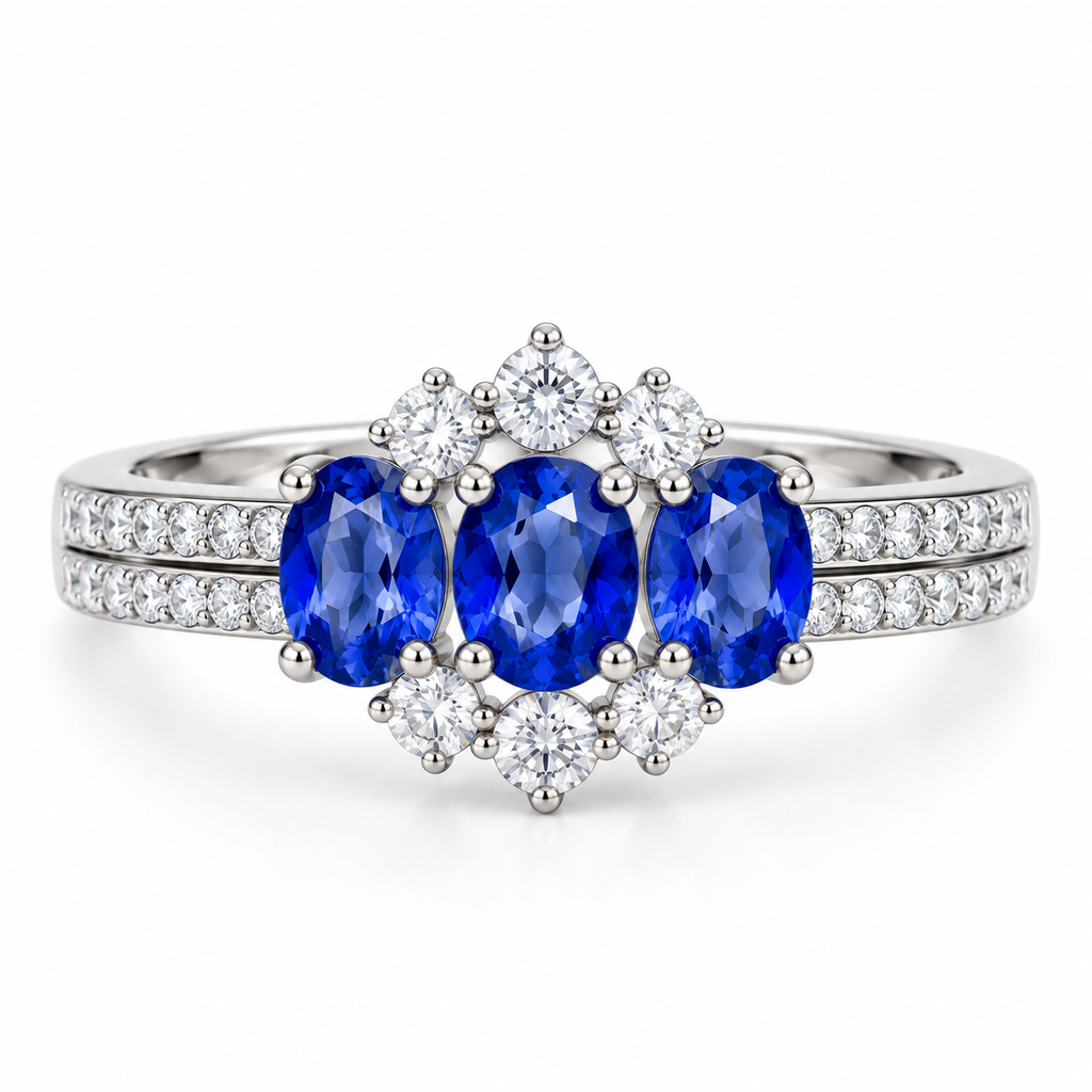 4x5mm blue sapphire ring with oval gemstones and floral-inspired clear accent stones in 925 sterling silver