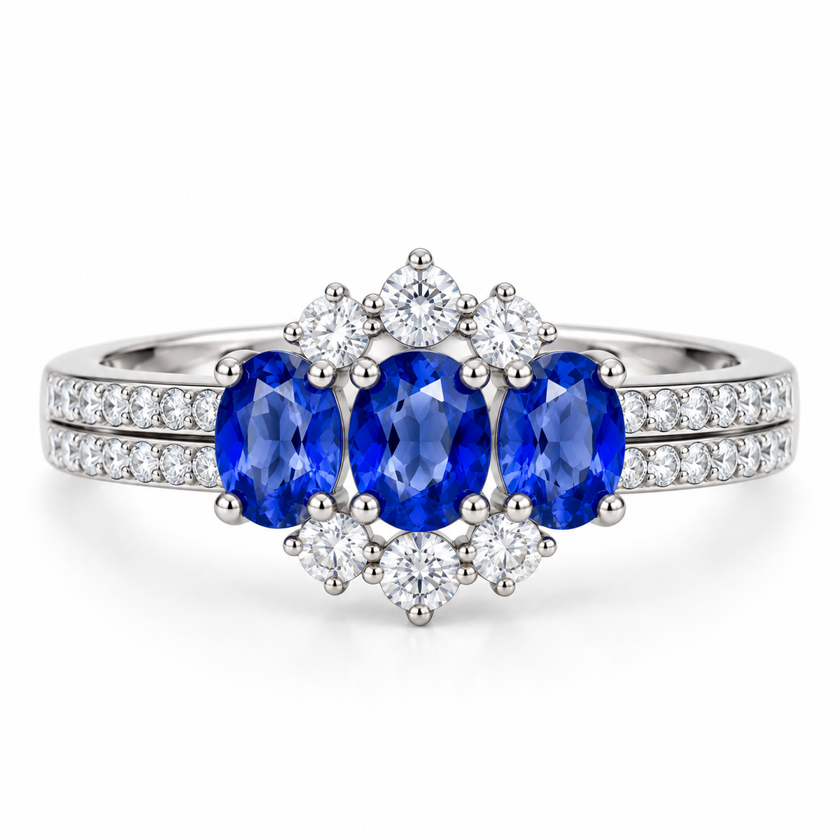 4x5mm blue sapphire ring with oval gemstones and floral-inspired clear accent stones in 925 sterling silver