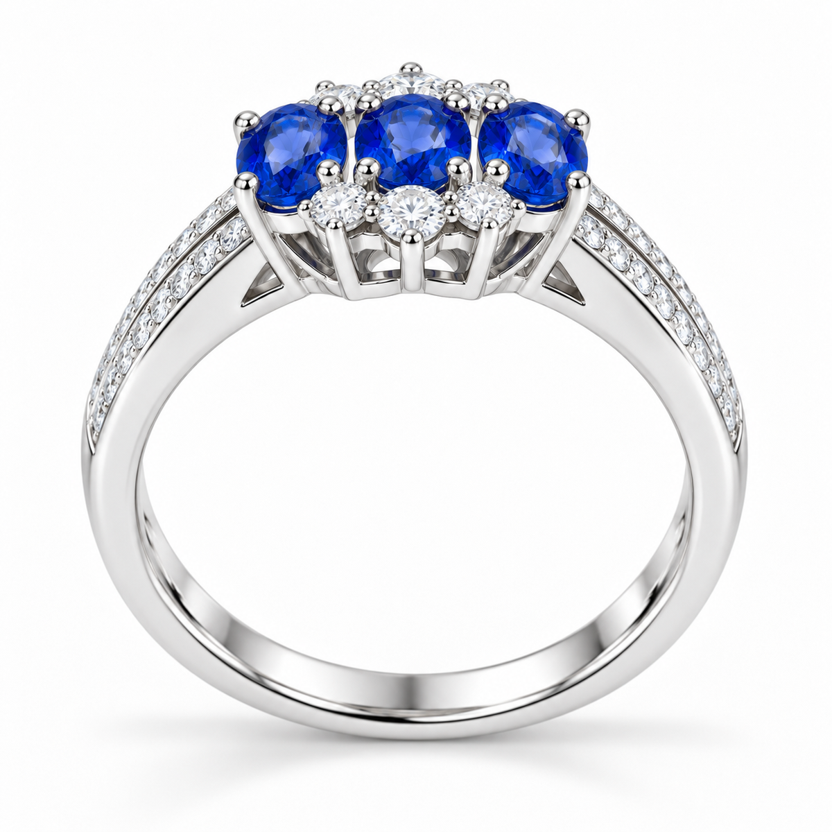 Side profile of 4x5mm blue sapphire ring showing detailed split band and gemstone setting