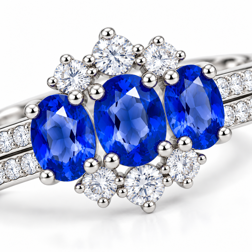 Macro view of 4x5mm oval blue sapphire gemstones with detailed clear accent stones