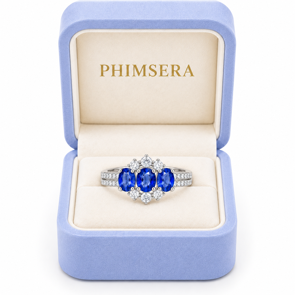 4x5mm blue sapphire ring presented in a Phimsera jewelry gift box