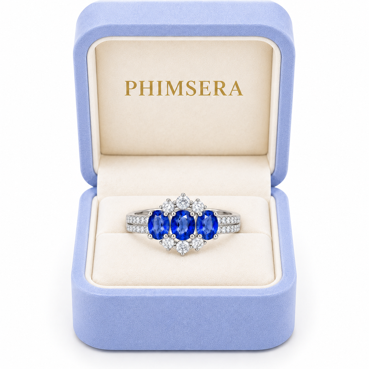 4x5mm blue sapphire ring presented in a Phimsera jewelry gift box
