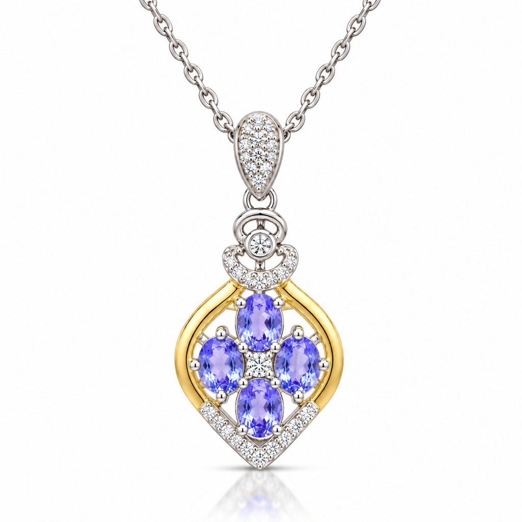 Natural tanzanite floral cross-inspired necklace with four 3×4mm blue-purple gemstones in 925 Sterling Silver