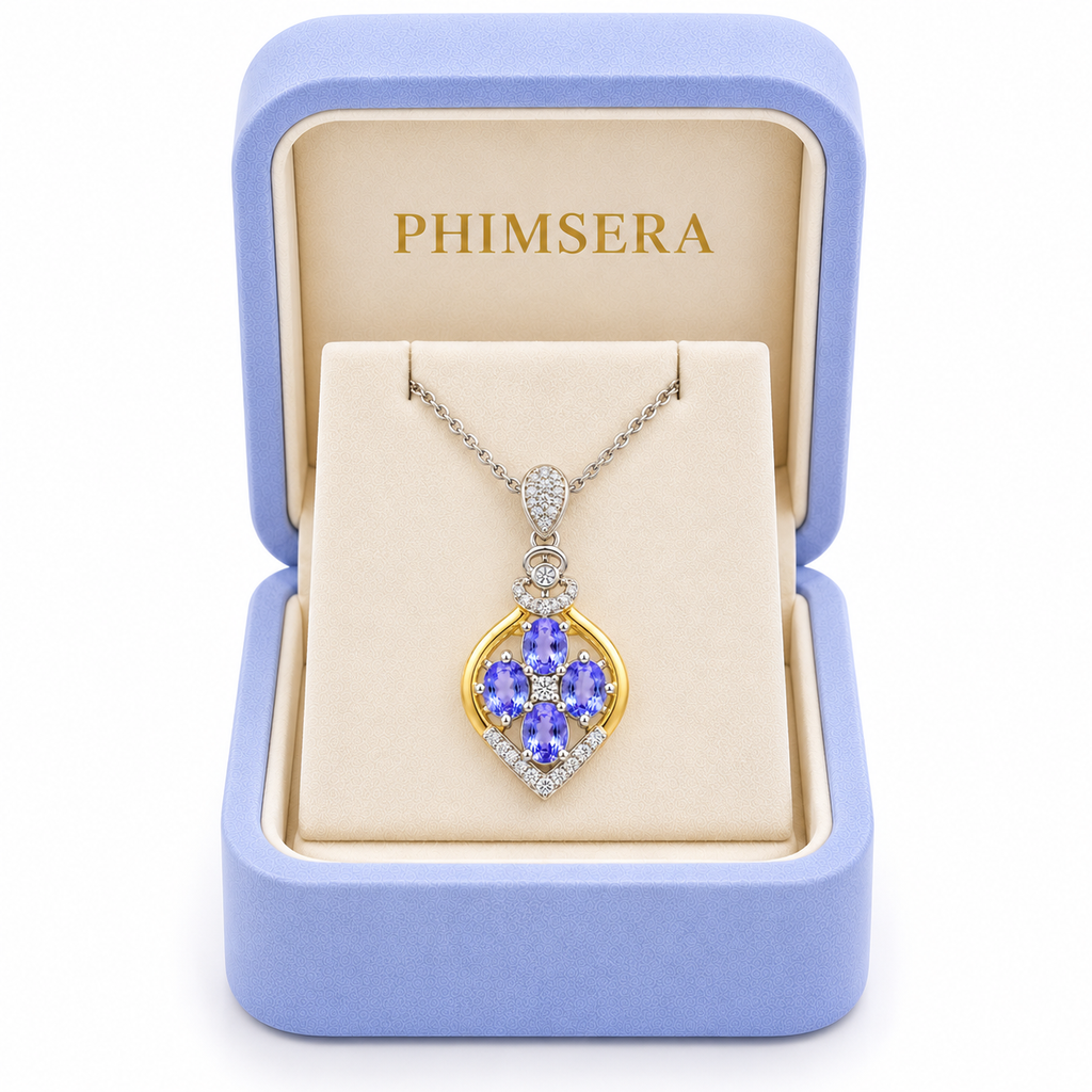 Phimsera natural tanzanite necklace presented in a branded jewelry gift box