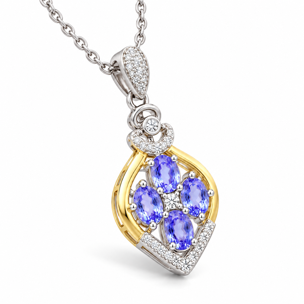 Angled view of Phimsera natural tanzanite necklace featuring blue-purple 3×4mm gemstones and floral-inspired pendant