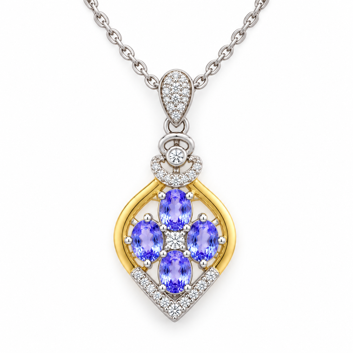 Top-down view of natural tanzanite floral cross-inspired pendant necklace with silver and gold-toned details