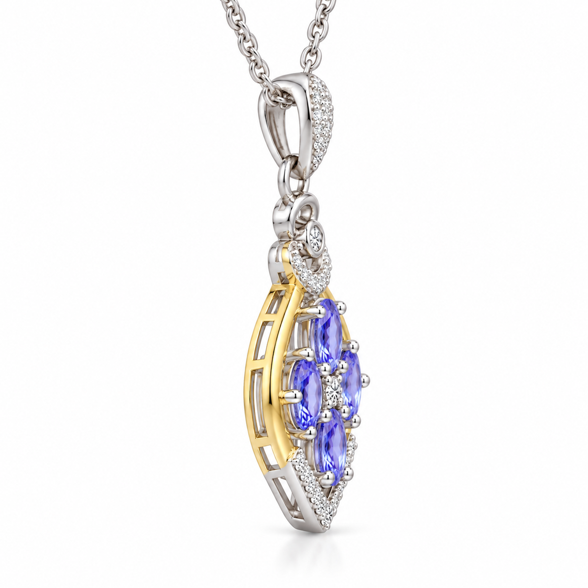 Side profile of a natural tanzanite gemstone pendant necklace with 925 Sterling Silver setting