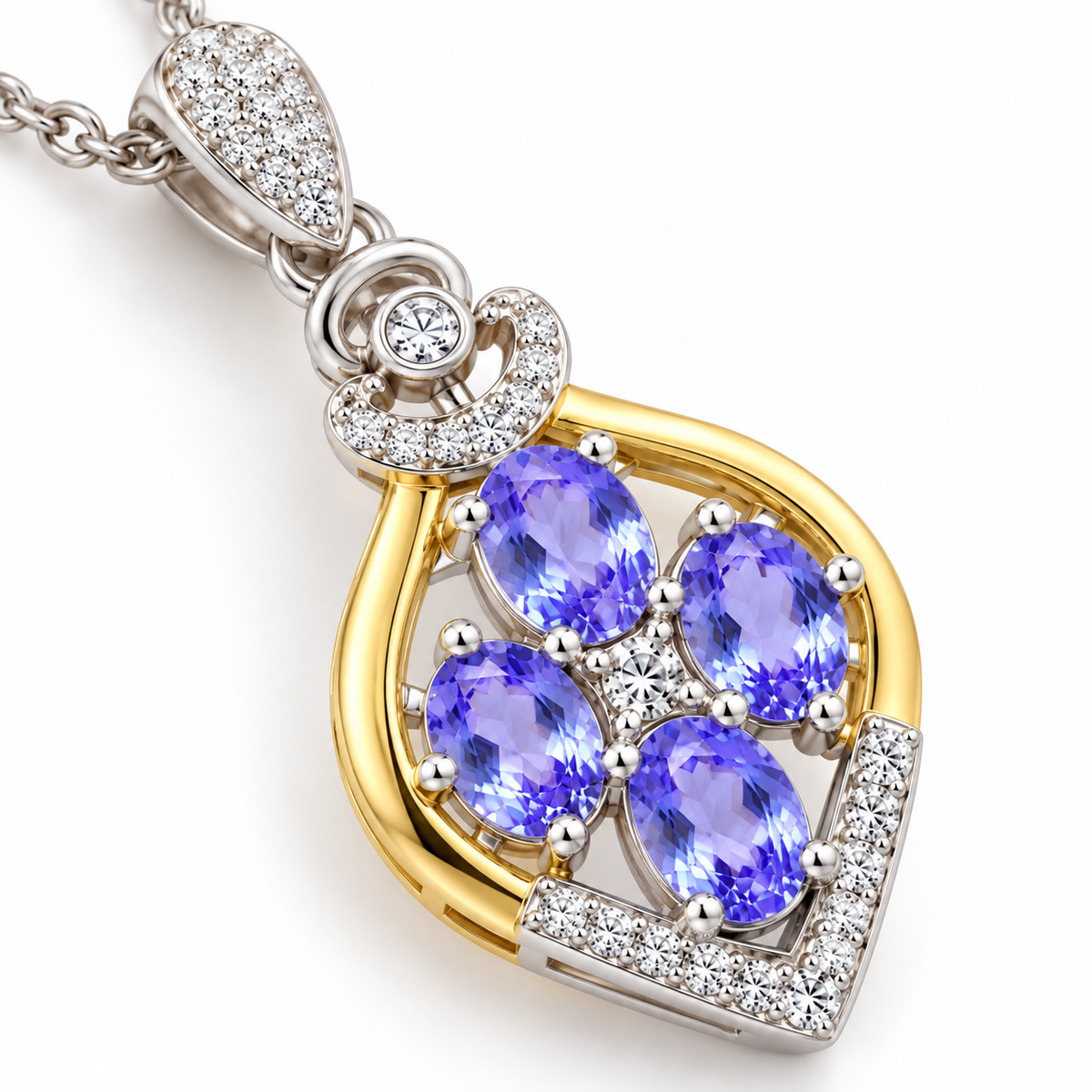 Close-up macro view of luminous blue-purple tanzanite gemstones and accent stones in a floral-inspired pendant