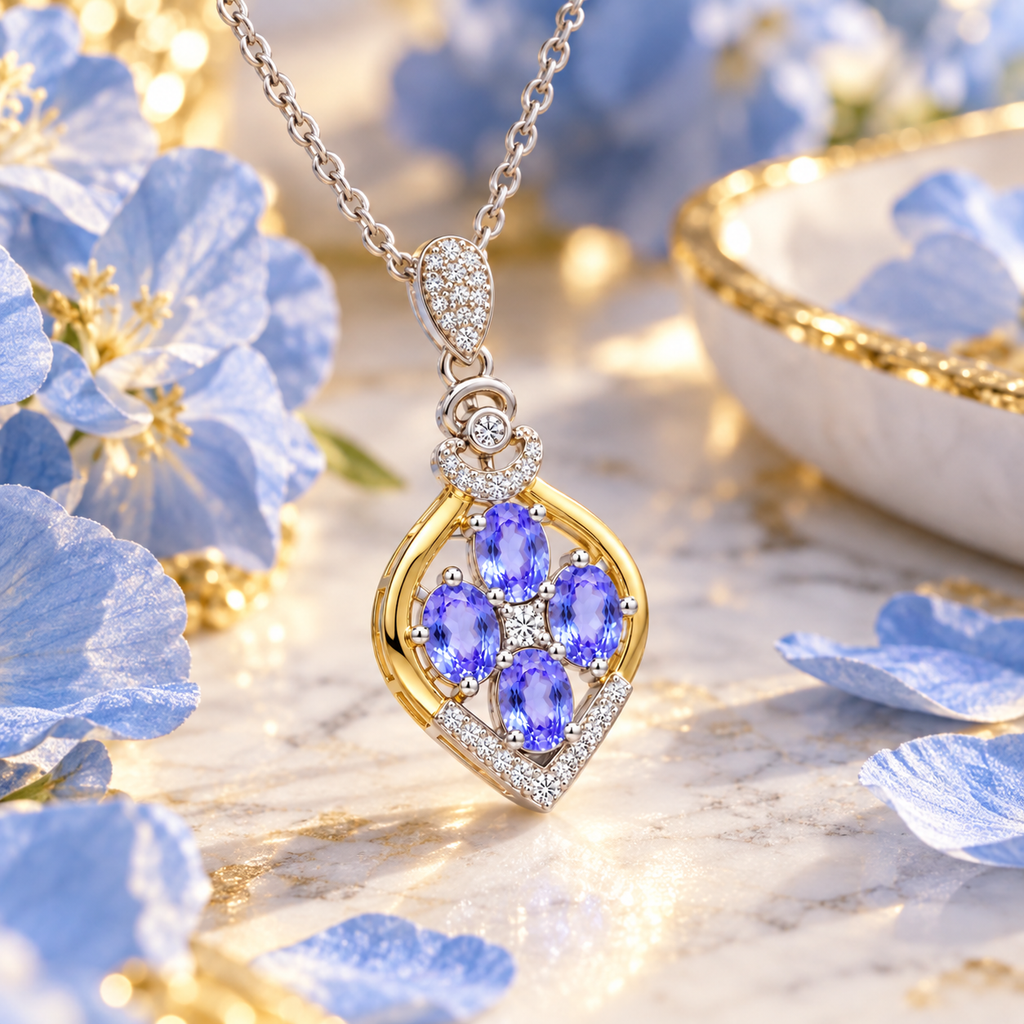 Phimsera natural tanzanite necklace styled in an elegant lifestyle setting with soft blue and purple petals and subtle gold undertones