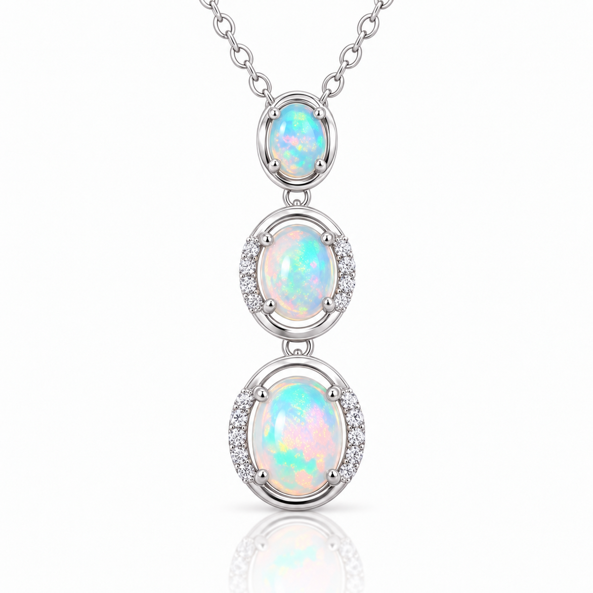 Natural White Australian Fire Opal three stone pendant necklace in 925 sterling silver with 5x7mm 6x8mm and 7x9mm gemstones