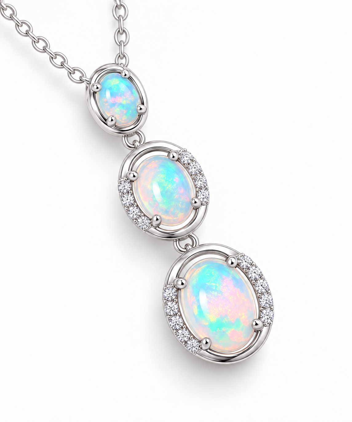 Angled natural White Australian Fire Opal three stone necklace with graduated 5x7mm 6x8mm and 7x9mm oval gemstones