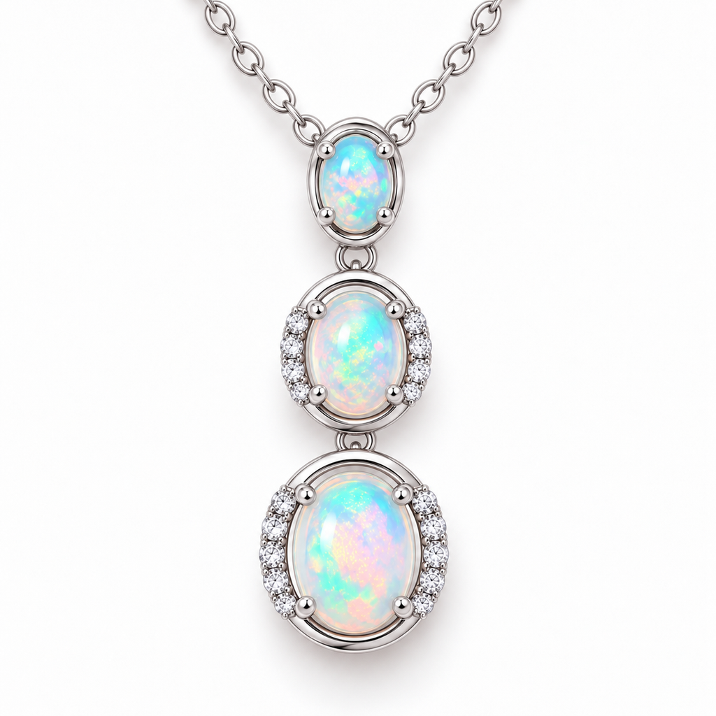 Natural Australian Fire Opal pendant necklace featuring three graduated White Fire Opal gemstones in sterling silver