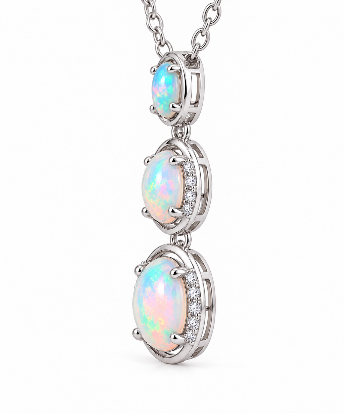 Side view of natural White Australian Fire Opal three stone pendant necklace in 925 sterling silver