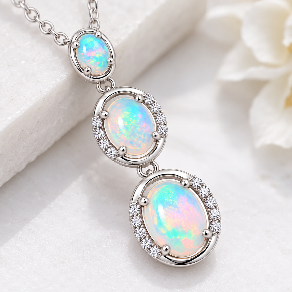 Natural White Australian Fire Opal three stone pendant necklace worn on the collarbone with graduated 5x7mm 6x8mm and 7x9mm gemstones