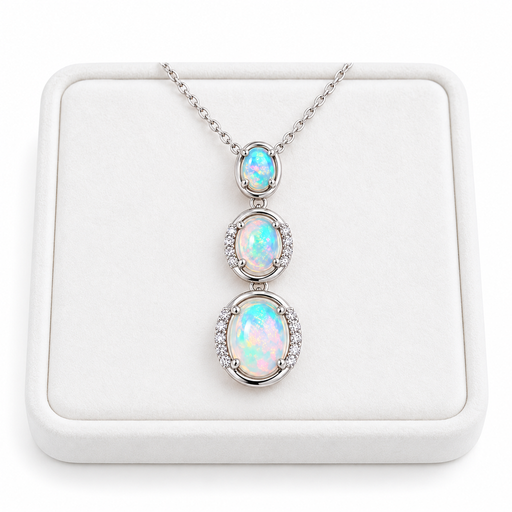 Natural White Australian Fire Opal three stone pendant necklace displayed on a white velvet jewelry tray