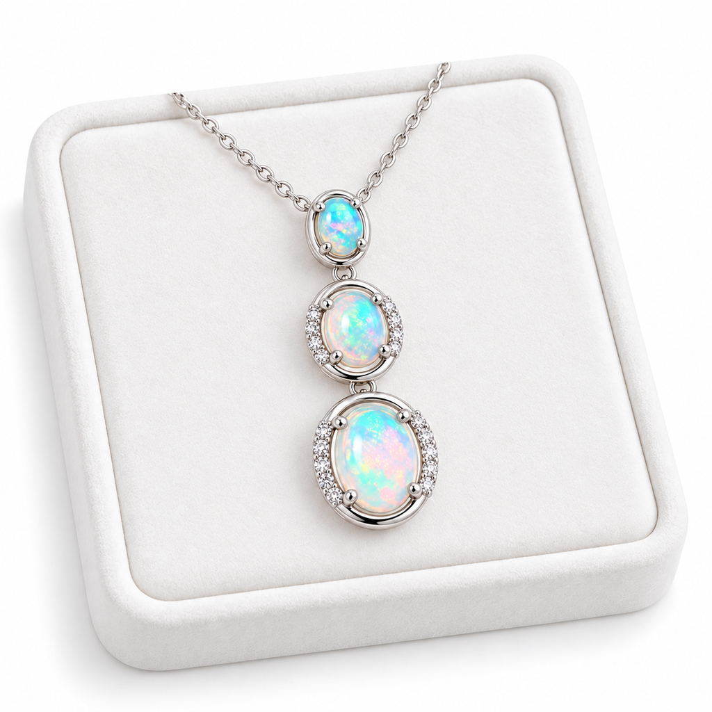 Natural White Australian Fire Opal three stone pendant necklace displayed on a white velvet jewelry tray