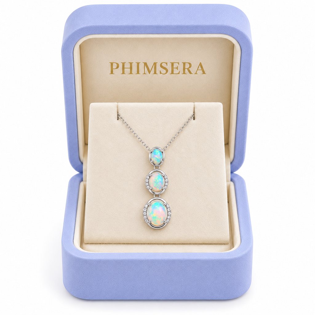 Natural White Australian Fire Opal three stone necklace displayed in a Phimsera jewelry box