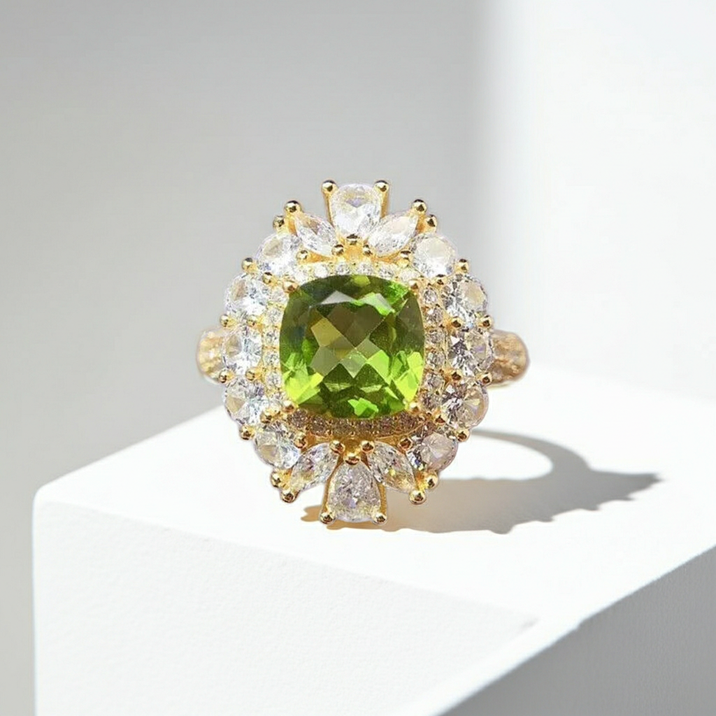 Natural Peridot Gemstone Crystal Cluster Ring 8mm