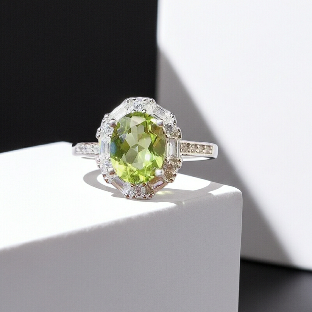 Natural Peridot Gemstone Ring 7x9mm 2CT, August Birthstone Peridot Ring