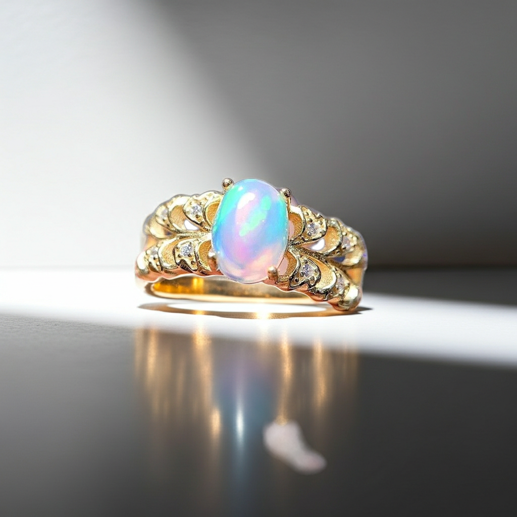 Natural White Opal Double Band Statement Ring 6x8mm