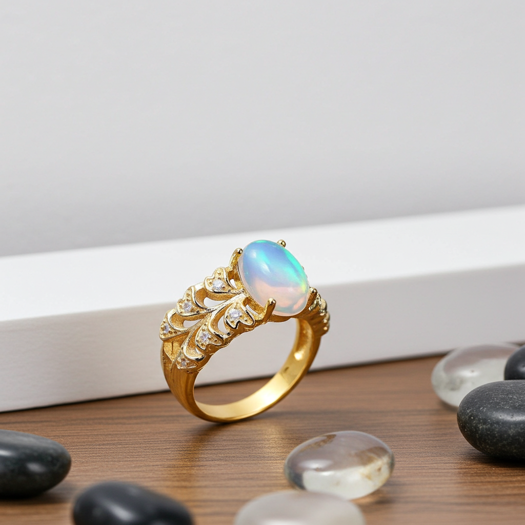 Natural White Opal Double Band Statement Ring 6x8mm