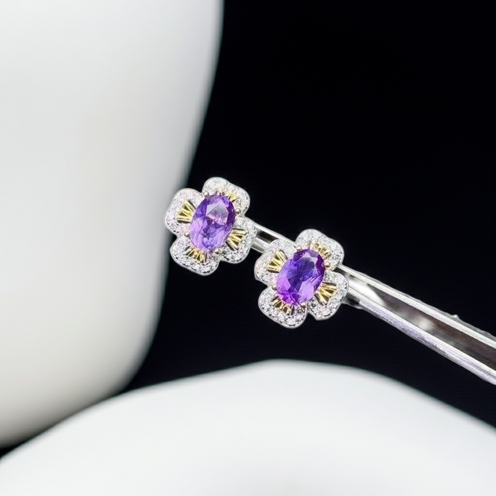 1 Carat Amethyst Flower Stud Earrings 925 Sterling Silver