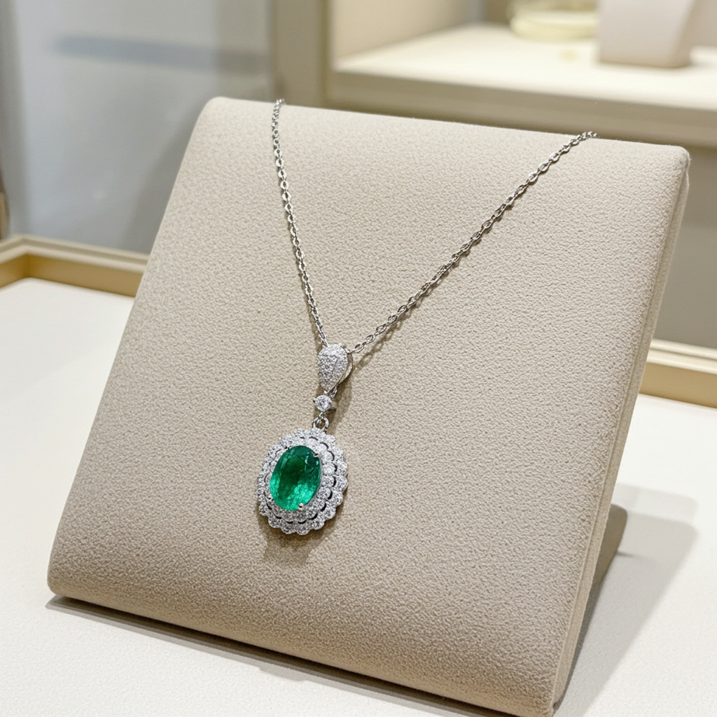 Natural Emerald Pendant Necklace with CZ 6x8mm