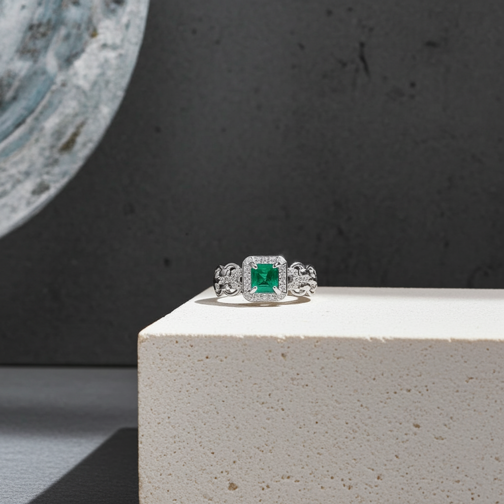 Natural Colombian Emerald Gemstone Ring 7mm Platinum Plated 925 Silver