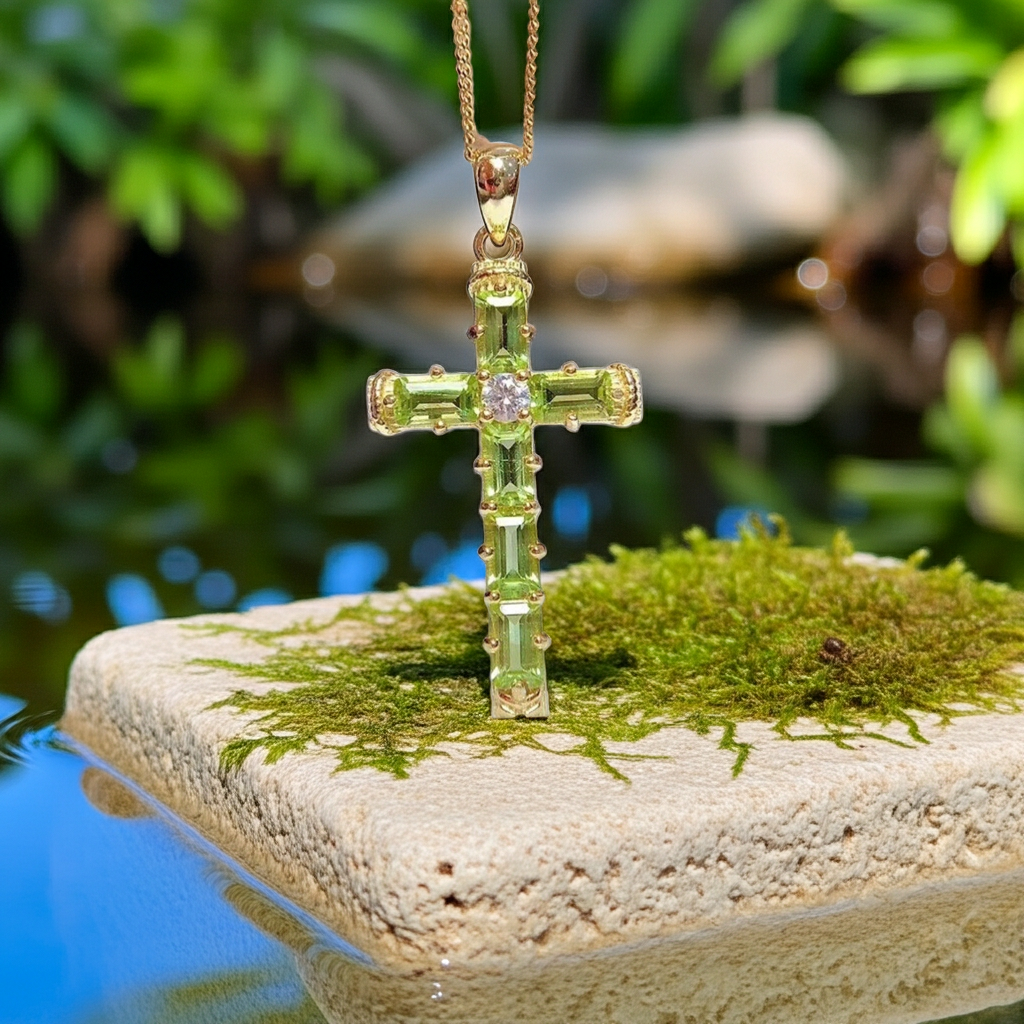 August Birthstone Peridot Gemstone Cross Necklace 3x5mm