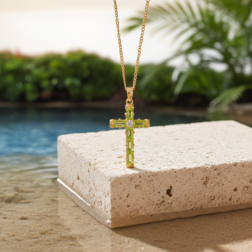 August Birthstone Peridot Gemstone Cross Necklace 3x5mm
