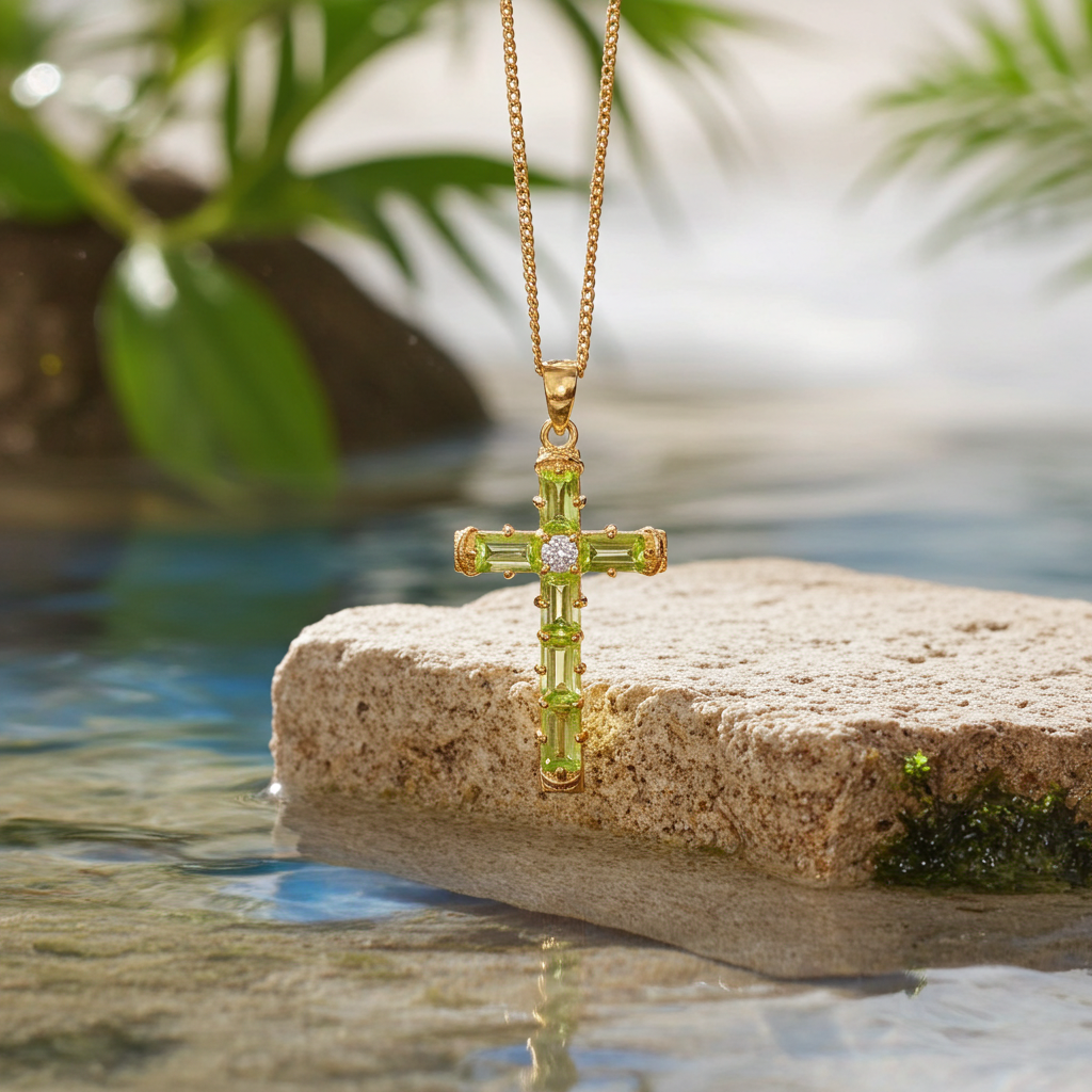 August Birthstone Peridot Gemstone Cross Necklace 3x5mm