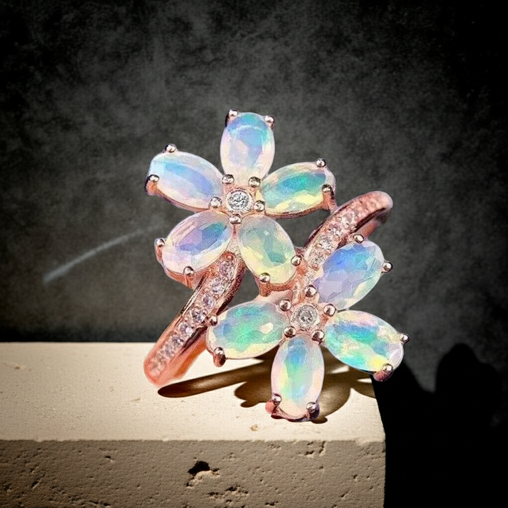 Faceted Fire Opal Flower Ring Ring 14k Rose Gold Plated