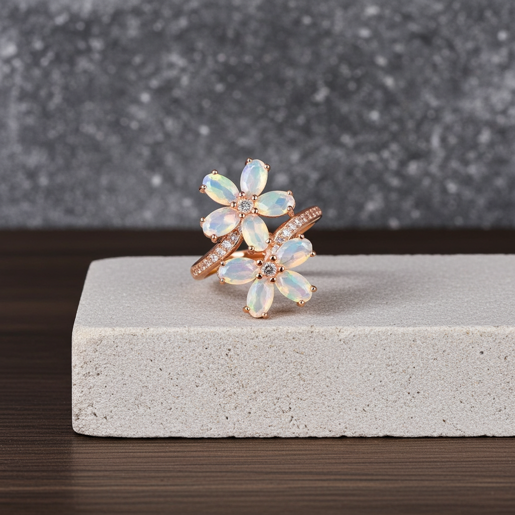 Faceted Fire Opal Flower Ring Ring 14k Rose Gold Plated