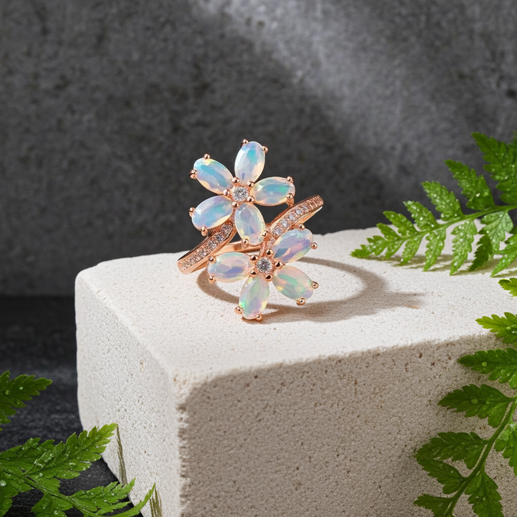 Faceted Fire Opal Flower Ring Ring 14k Rose Gold Plated