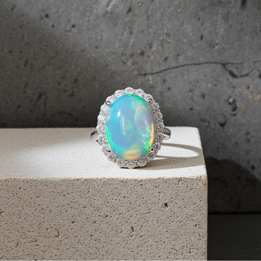 Large Fire Opal Statement Ring 10x14mm Sterling Silver